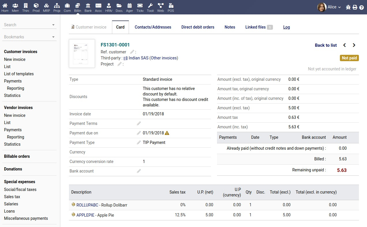 Fiche de facture client dans Dolibarr